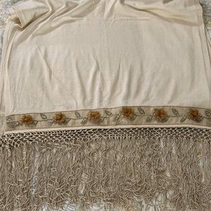 New NAYLA Designer Silk Wrap Appliqué Floral Beaded by Hand Fringed 24" x 100"